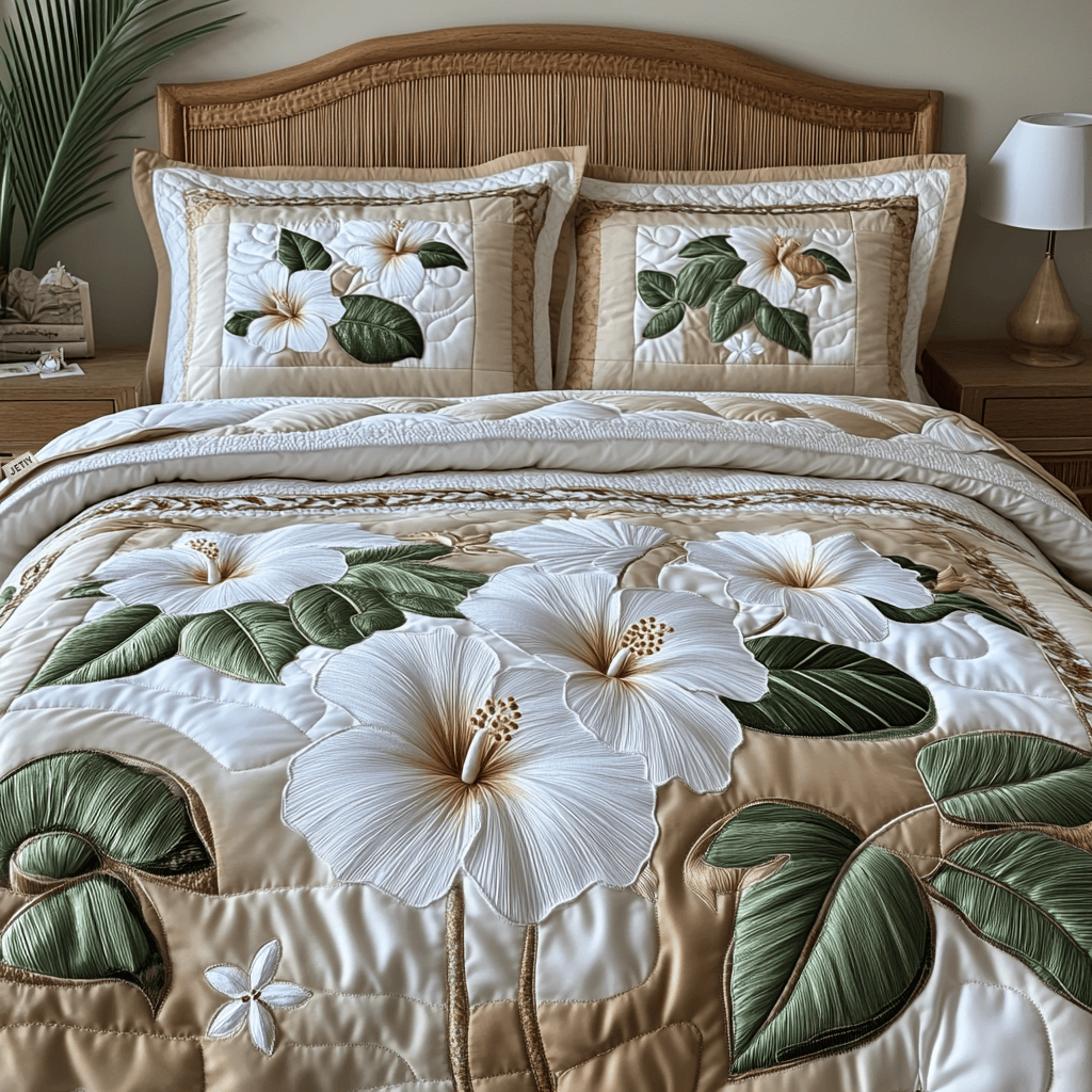 Hibicus Quilt Bedding Set Floral Bedspreads King Useful Gift for Mom
