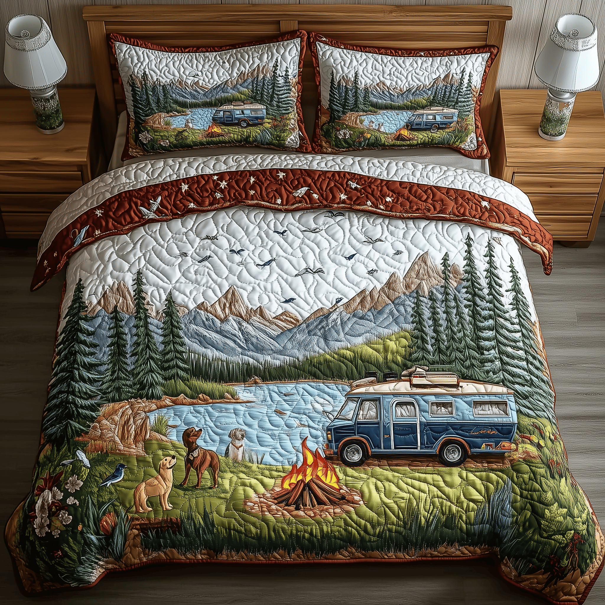 Campfires Adventure Quilted Bedding Set Best Duvet Covers Gift for Camping Lovers