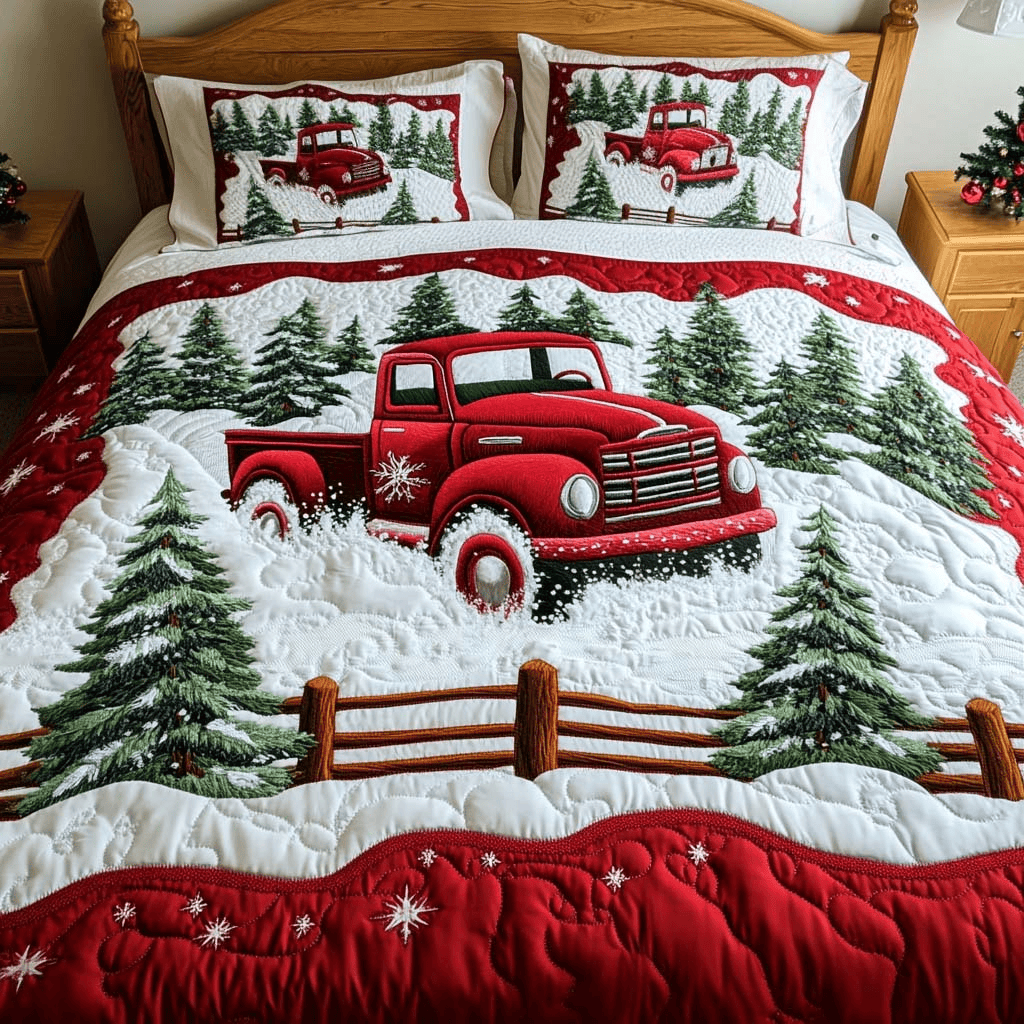 Holiday Ride Quilt Bedding Set Red Truck Duvet Covers Secret Santa Gift for Mom