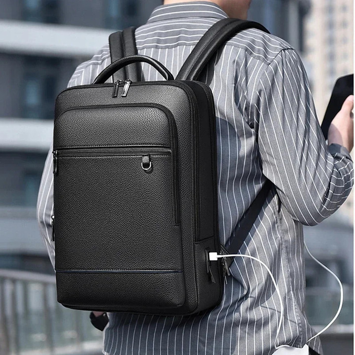 Executive Backpack Men PU Leather Satchel USB Charging Briefcase Office Travel Laptop Office Business Shoulder Backpack Male