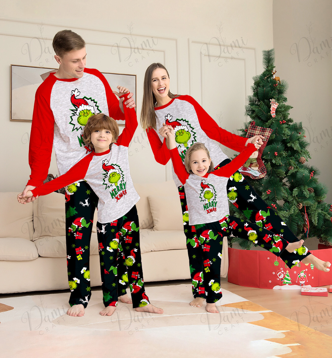 Matching Family Grinch Christmas Pajamas Set – Red Sleeve Merry Xmas ...
