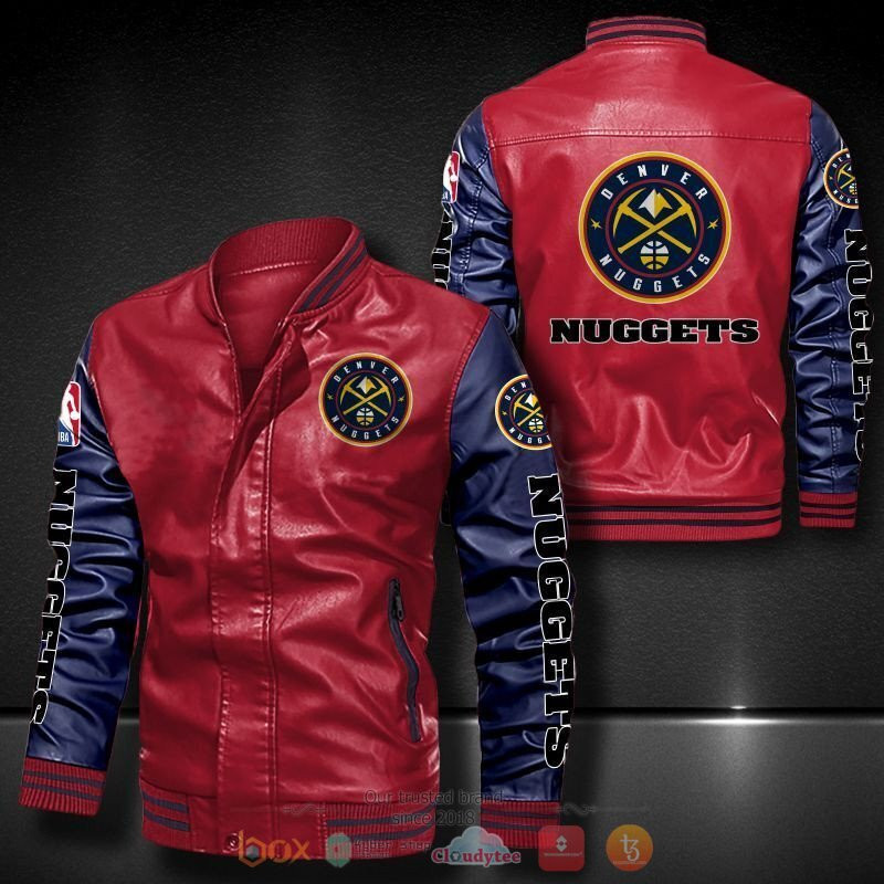 NBA Denver Nuggets Red Navy Blue Logo History Leather Bomber Jacket ...