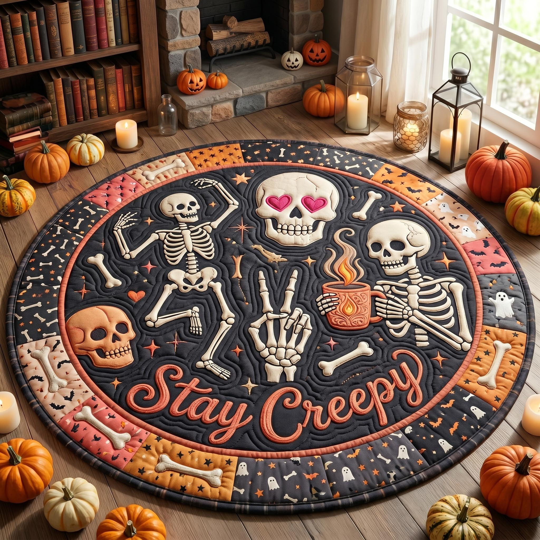 Stay Creepy Quilted Round Mat Cute Gothic Skull Round Rug Gift For Daughter
