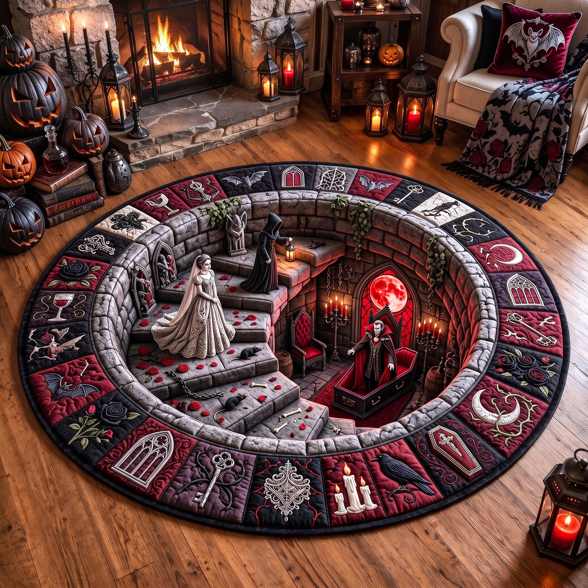 Phantom Stairway Quilted Round Mat Spooky Gothic Floor Mat Gifts For Horror Lovers