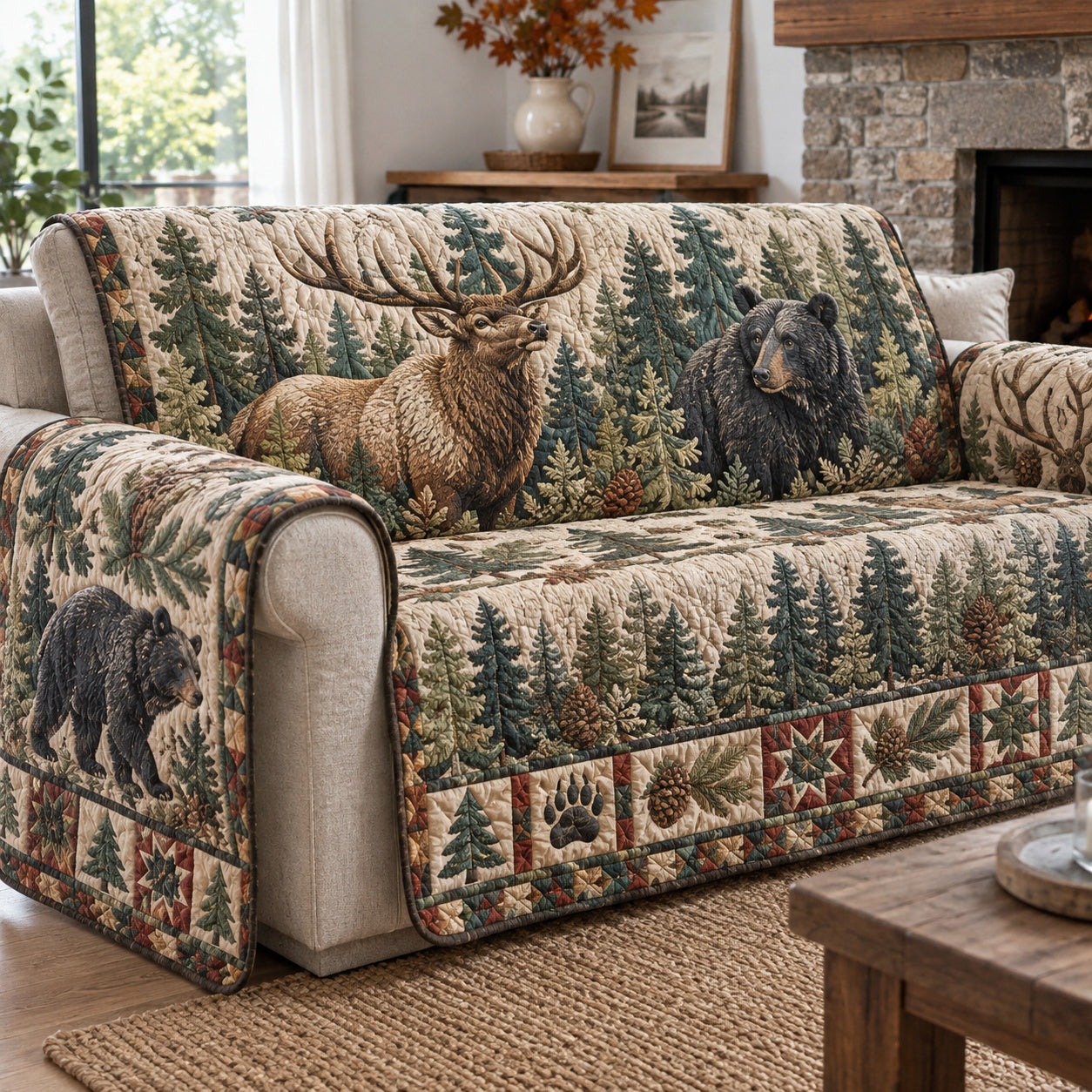 Rustic Forest Mystique Quilted Sofa Cover Xmas Quilted Sofa Cover Holiday Gifts