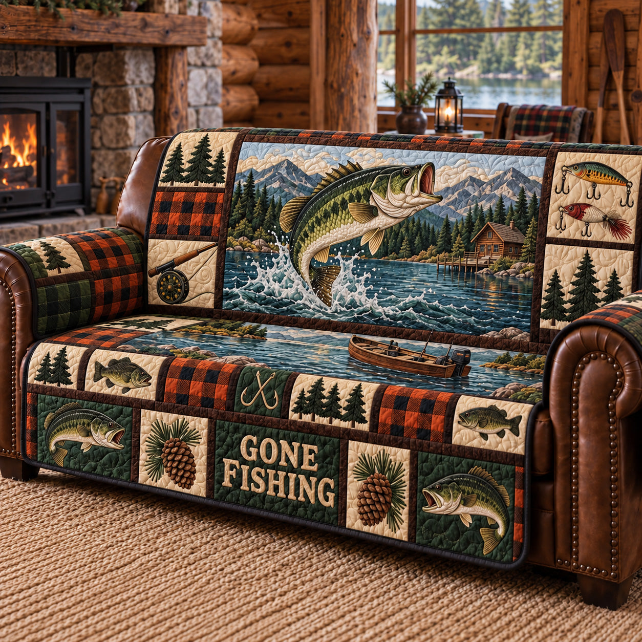 Gone Fishing Patchwork Quilted Sofa Cover Merry Christmas Home Decor Husband Gifts