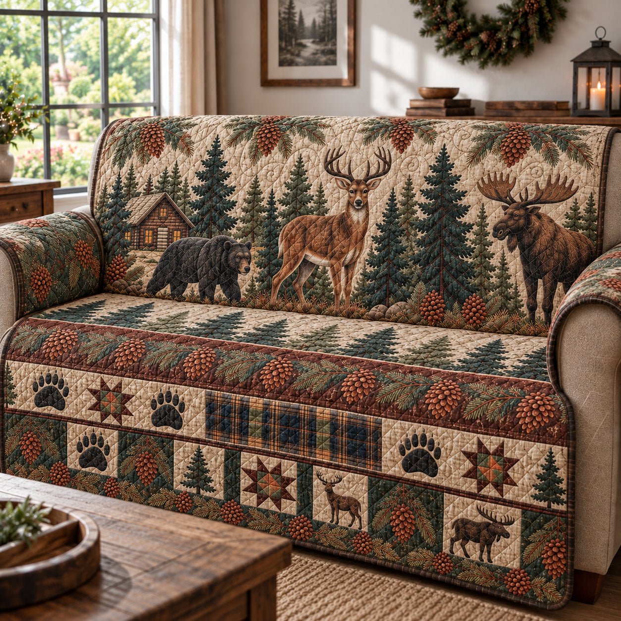 Rustic Forest Tapestry Quilted Sofa Cover Xmas Holiday Home Accessories Him Gifts