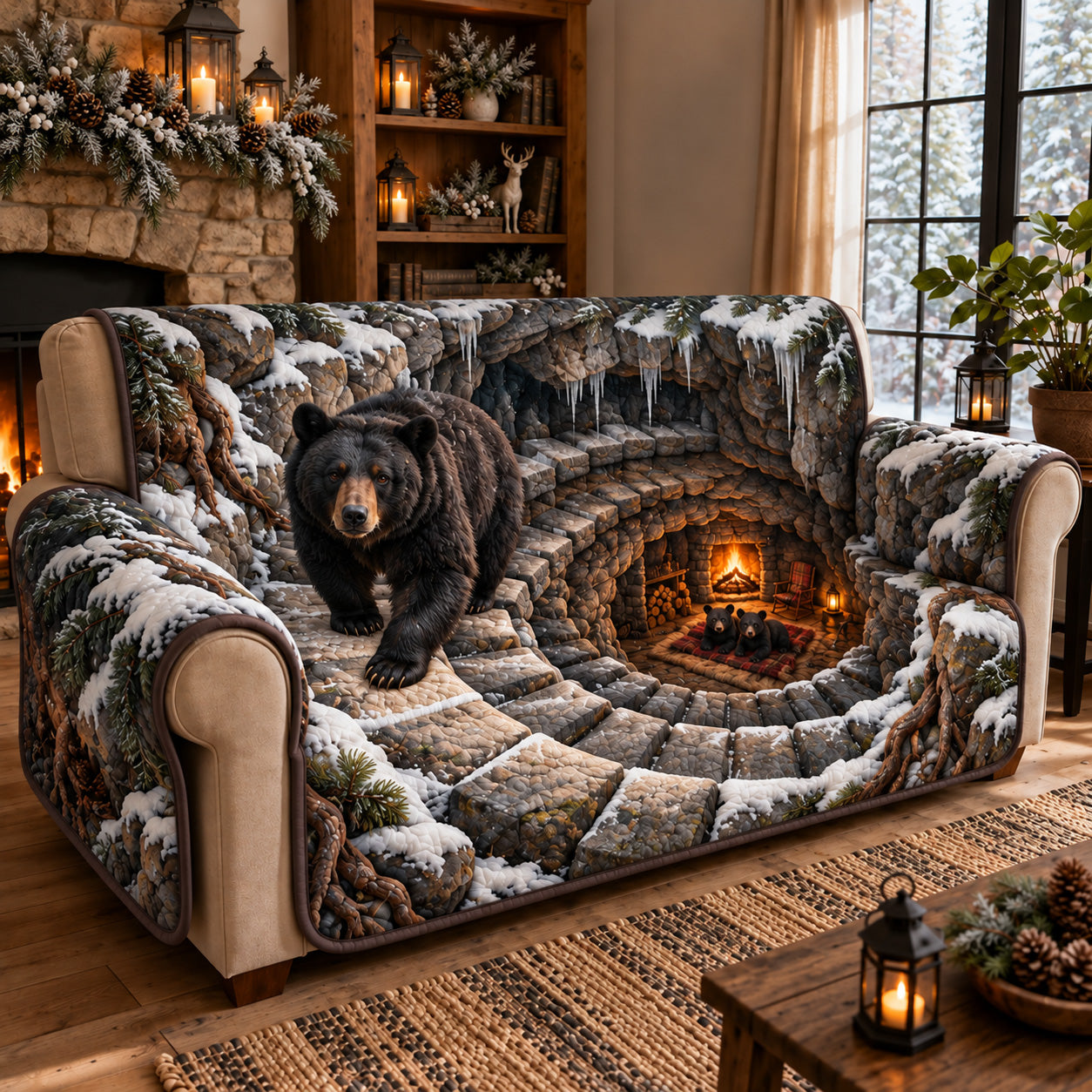 Bear Cave Quilted Sofa Cover Cozy Living Room Decor Christmas Gifts For Dad