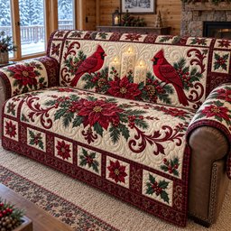 Cardinals Candlelit Poinsettia Quilted Sofa Cover House Holiday Decor Items Gifts