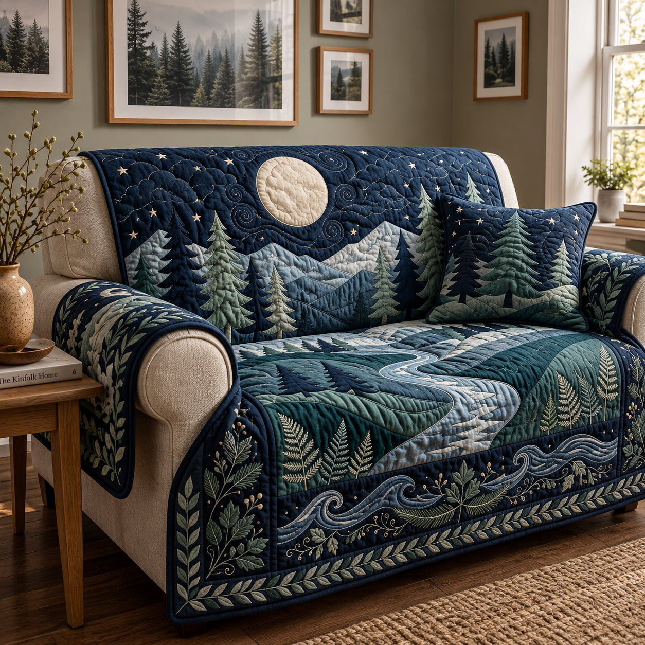 Moonlit Evergreen Forest Quilted Sofa Cover Xmas Cozy Living Room Decor Holiday Gifts