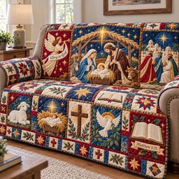 Nativity Holy Manger Quilted Sofa Cover Christmas Quilted Sofa Cover Faith Gifts