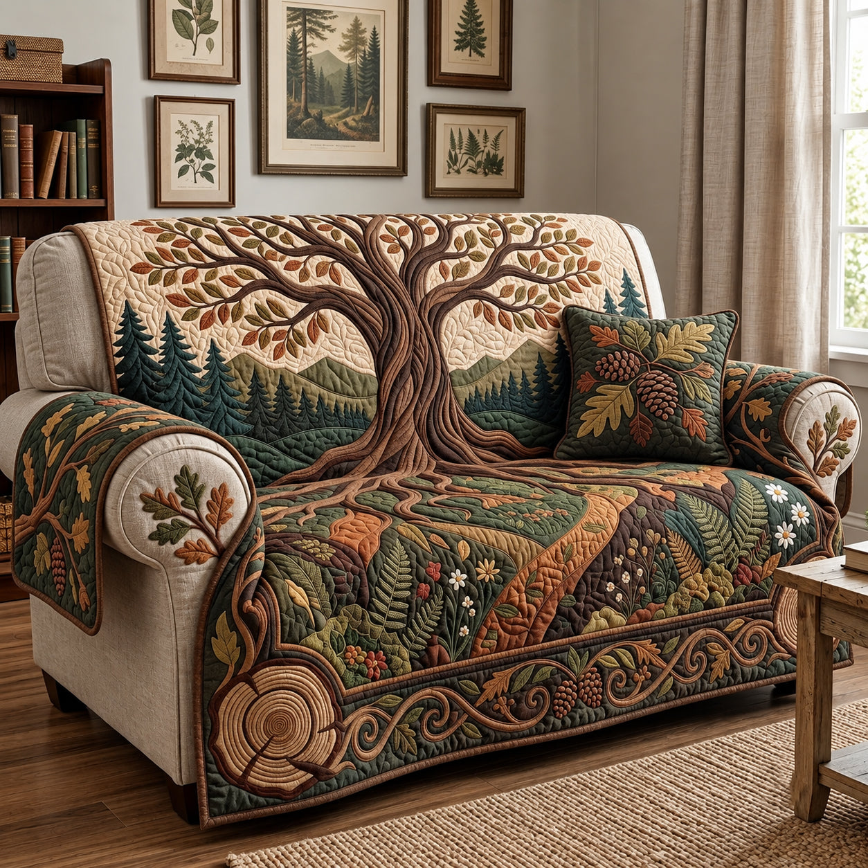 Ancient Woodland Tree Quilted Sofa Cover Living Room Sofa Xmas Decor Gift For Dad