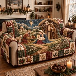 Nativity Scene Quilted Sofa Cover Christmas Furniture Cover Xmas Gift For Family