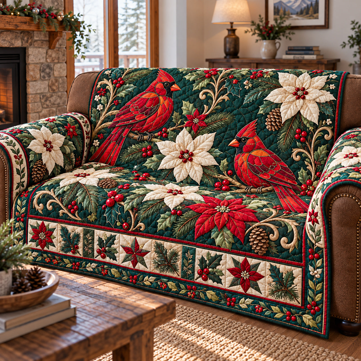 Red Cardinal Quilted Sofa Cover Christmas Living Room Decor Cardinal Lover Gifts