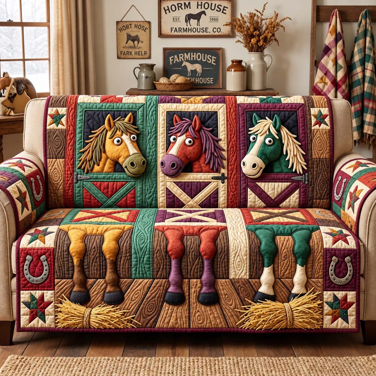 Stable Door Trio Quilted Sofa Cover Xmas Home Decor Horse Lovers Gifts