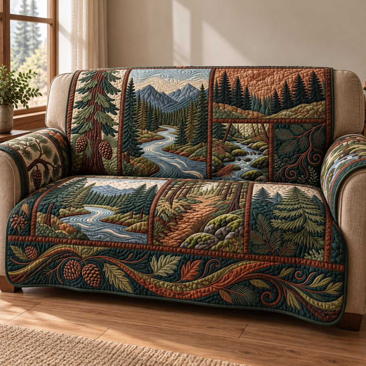 Woodland Story Panels Quilted Sofa Cover Christmas Home Accessories Holiday Gifts