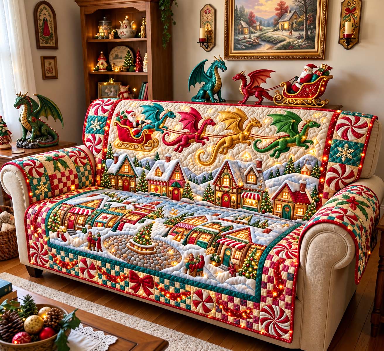 Dragon Christmas Village Quilted Sofa Cover Sofa Throw Cover Best Christmas Gift Ideas_