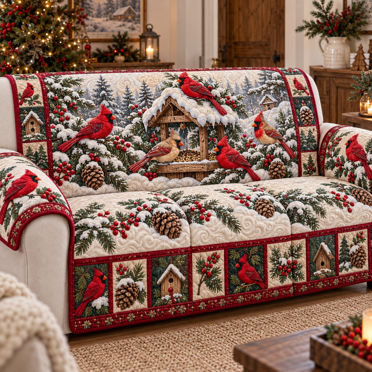 Winter Birdhouse Cardinal Quilted Sofa Cover Holiday Couch Protector Best Xmas Gift