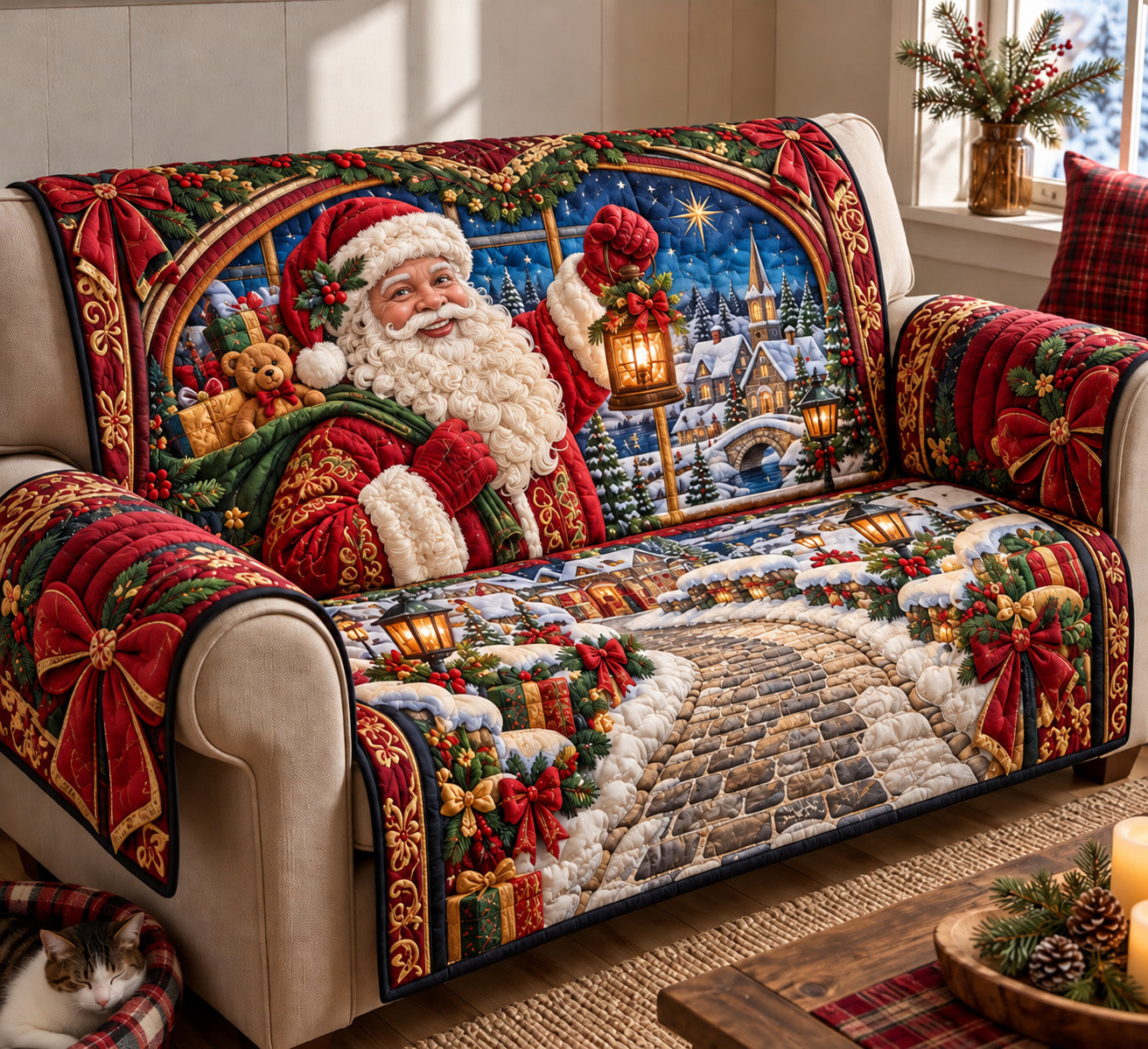 Santa Christmas Village Quilted Sofa Cover Christmas Home Accessories Holiday Gifts