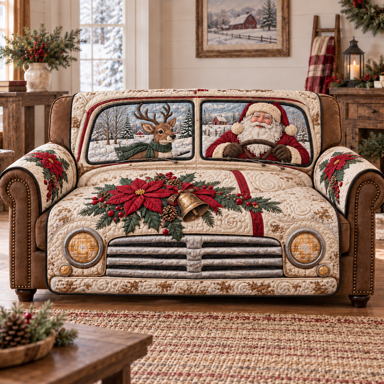 Jolly Santa Ride Quilted Sofa Cover Christmas Home Accessories Xmas Gifts For Men