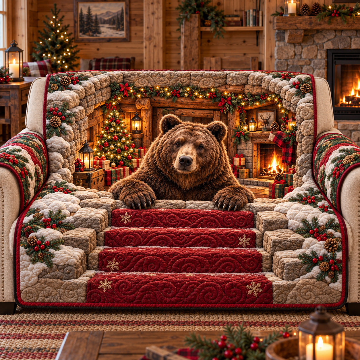Christmas Cabin Bear Quilted Sofa Cover House Holiday Decor Items Christmas Gifts