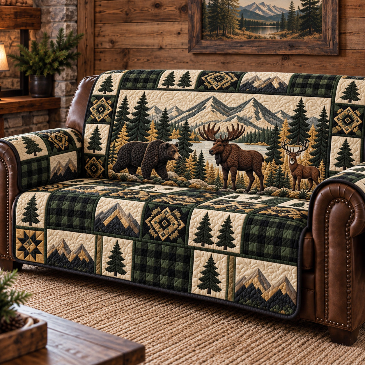 Rustic Forest Patchwork Quilted Sofa Cover Quilted Sofa Cover Holiday Decor Gifts