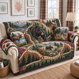 Rustic Forest Bear And Deer Quilted Sofa Cover Christmas Sofa Decoration Xmas Gifts