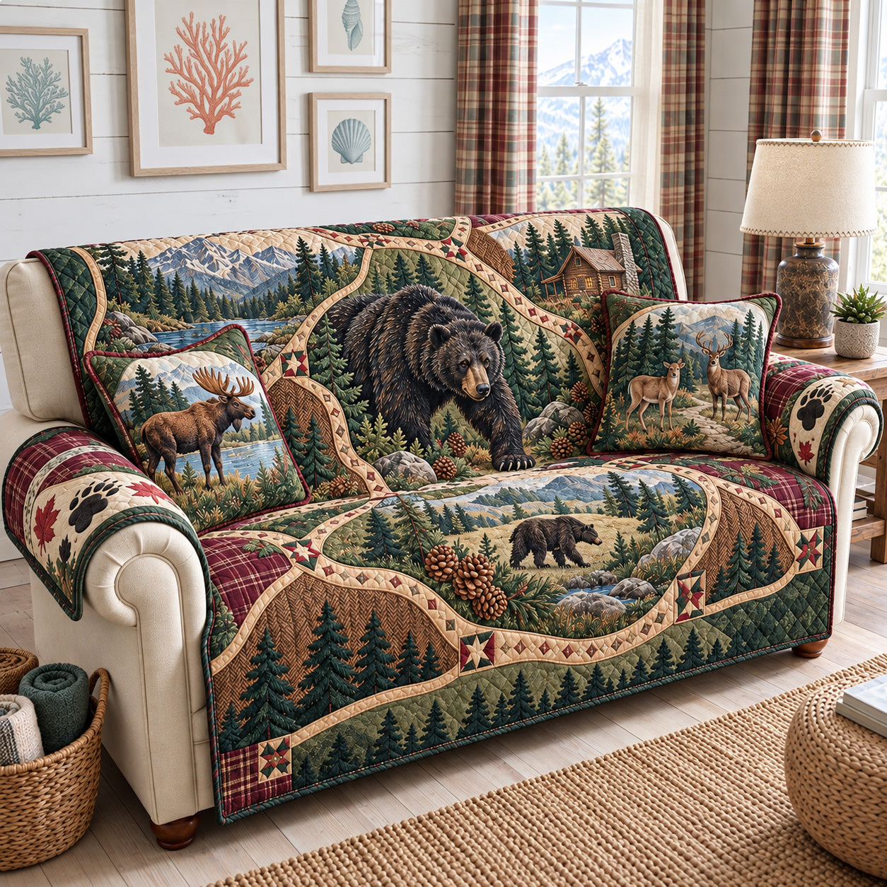 Rustic Forest Bear And Deer Quilted Sofa Cover Christmas Sofa Decoration Xmas Gifts