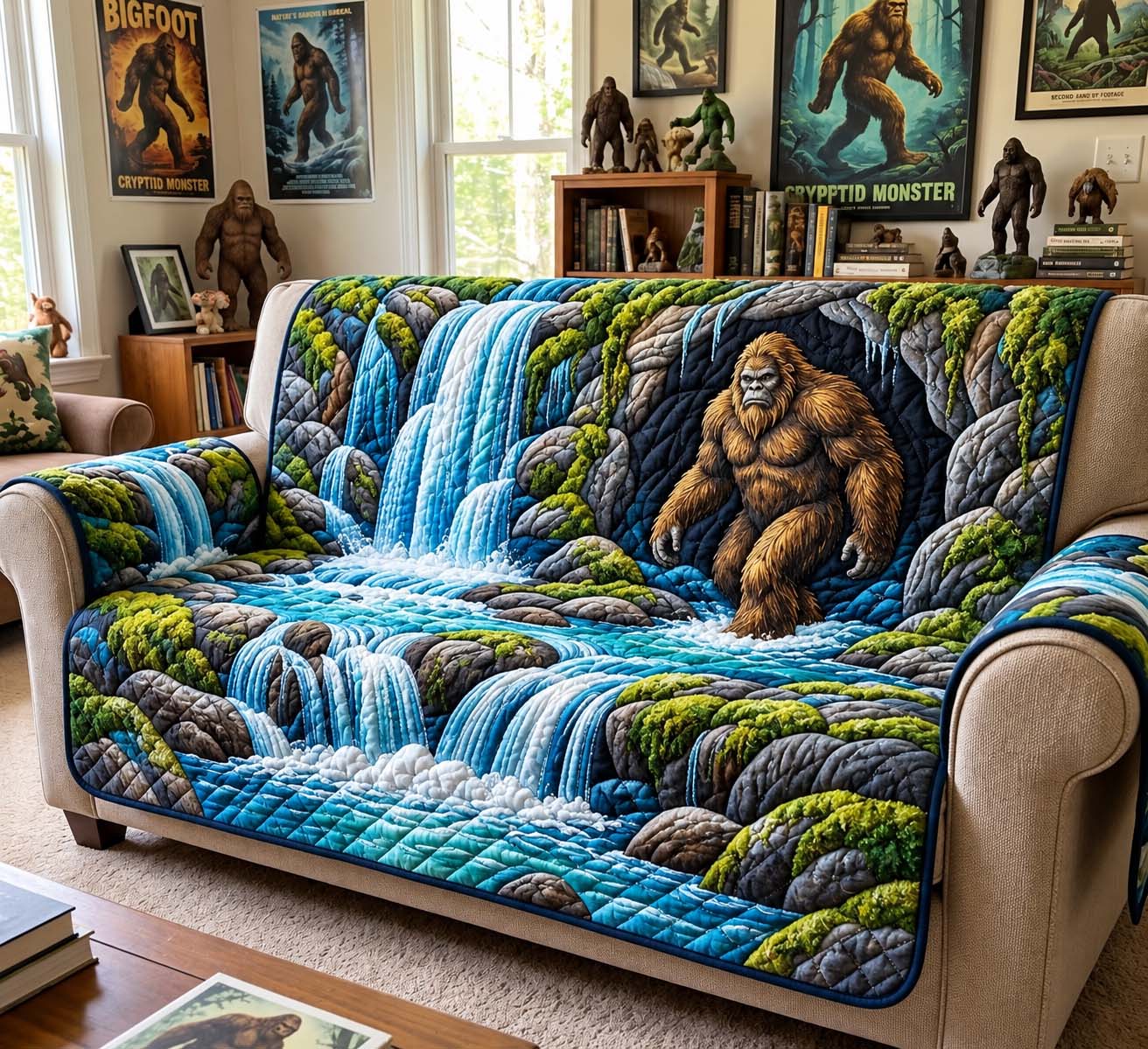 Bigfoot Waterfall Cave Quilted Sofa Cover Xmas Home Decor Secret Santa Gifts