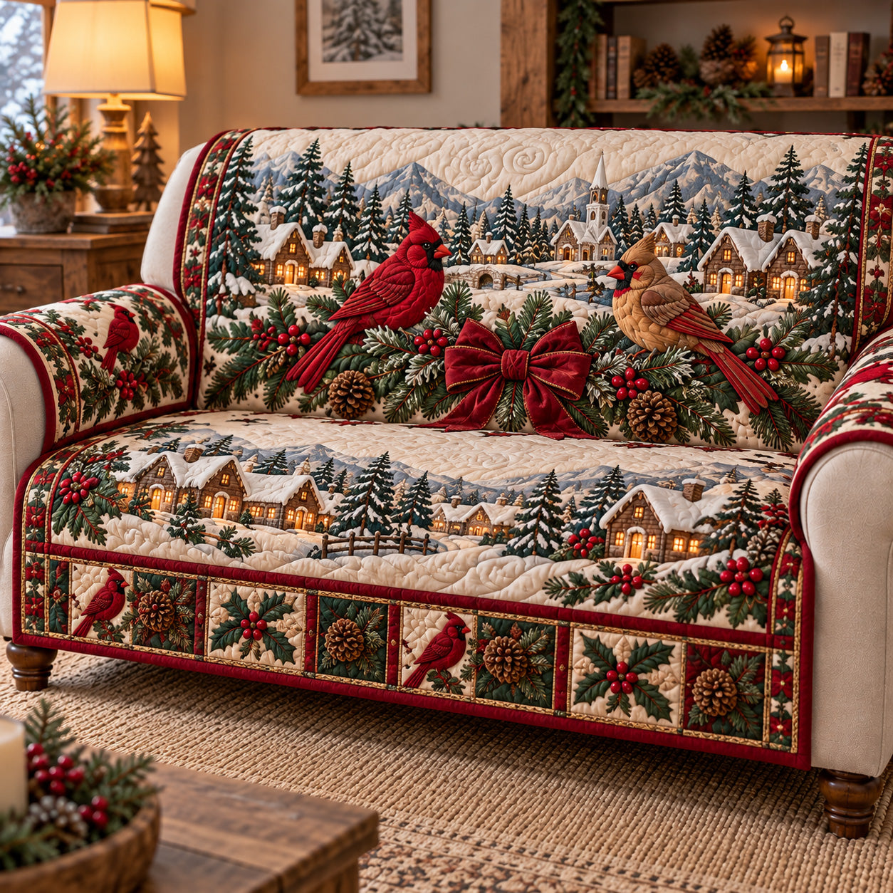 Snowy Village Cardinal Quilted Sofa Cover Xmas Sofa Protector Christmas Ideas For Mom