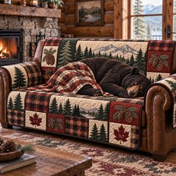 Cozy Sleeping Bear Quilted Sofa Cover Decorative Couch Cover Holiday Gifts
