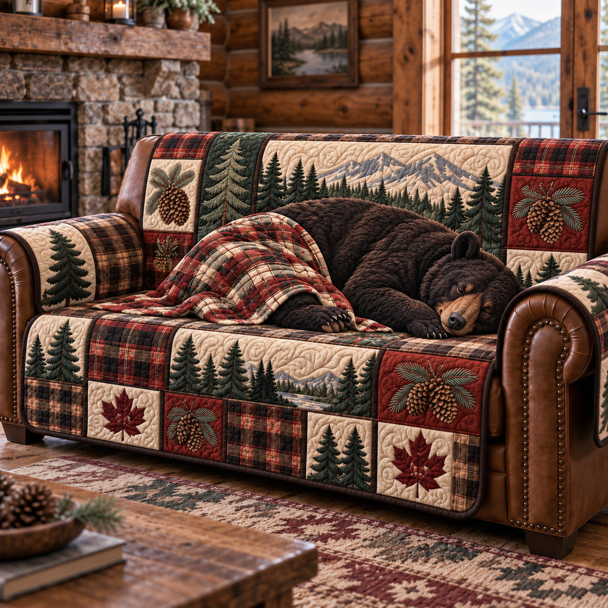 Cozy Sleeping Bear Quilted Sofa Cover Decorative Couch Cover Holiday Gifts