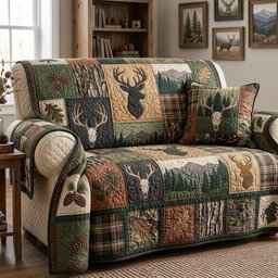 Woodland Deer Patchwork Quilted Sofa Cover Festive Christmas Couch Cover Dad Gifts