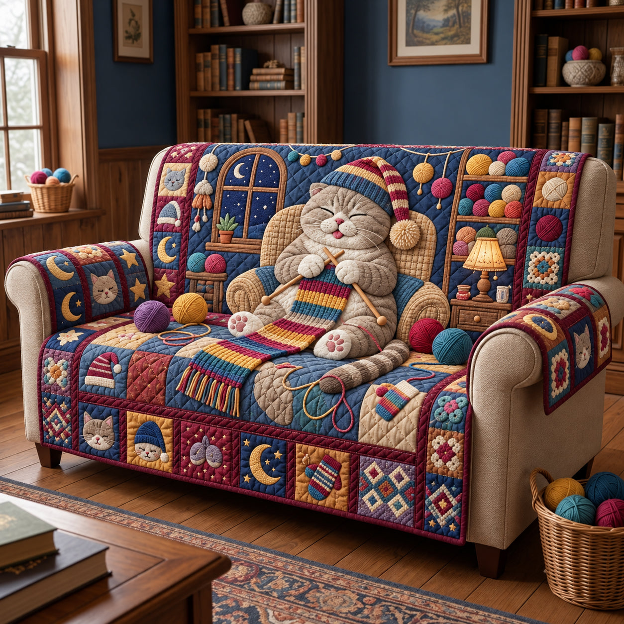 Crafty Cat Quilted Sofa Cover Xmas Decorative Couch Cover Gift For Cat Lovers