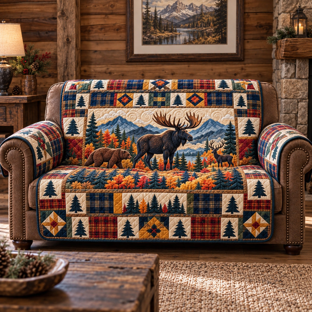 Rustic Forest Patchwork Quilted Sofa Cover Couch Covers Holiday Housewarming Gift