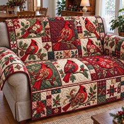 Red Cardinal Harmony Quilted Sofa Cover Christmas Couch Cover Christmas Presents