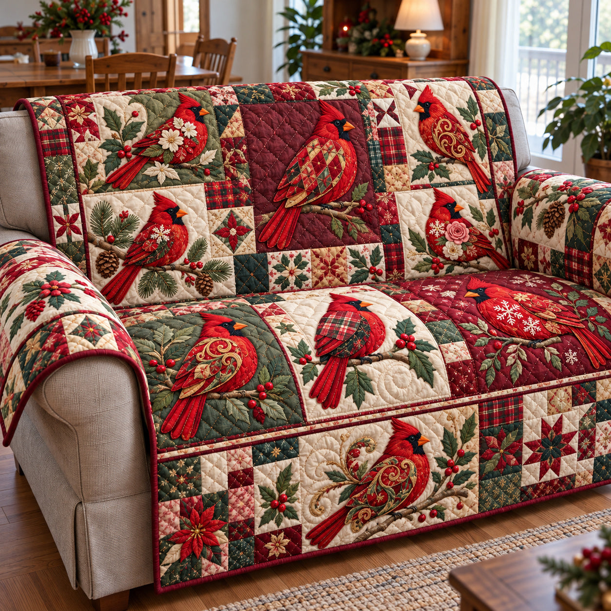 Red Cardinal Harmony Quilted Sofa Cover Christmas Couch Cover Christmas Presents