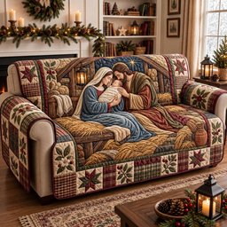 Nativity Scene Quilted Sofa Cover Christmas Quilted Couch Protector Holiday Gifts