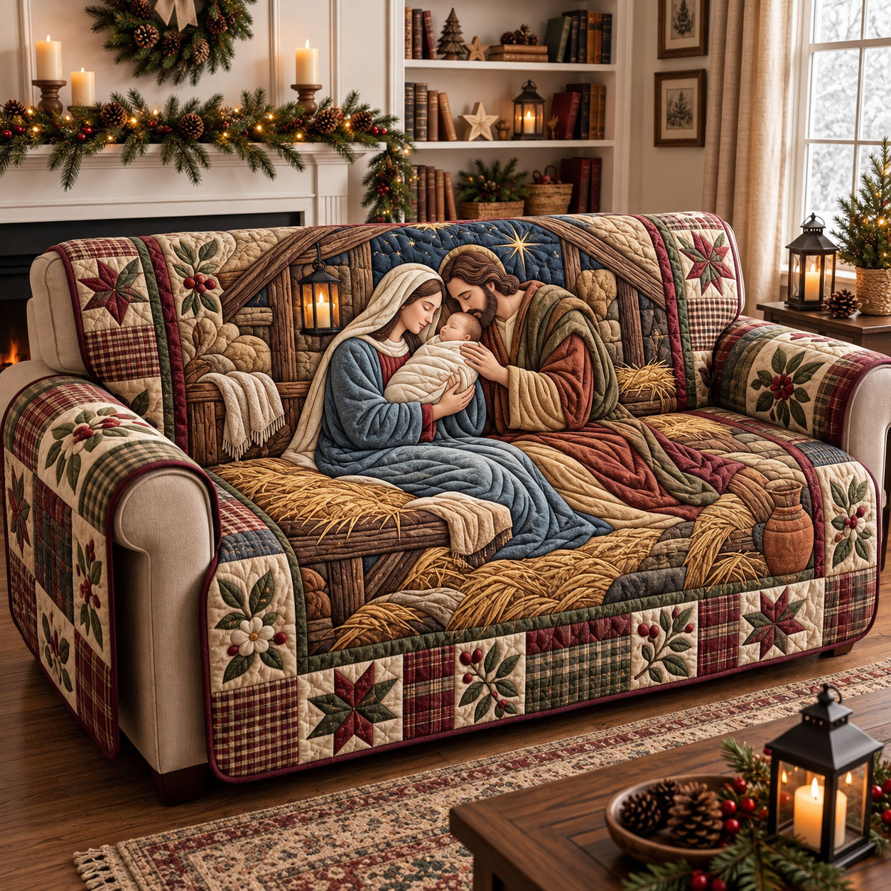 Nativity Scene Quilted Sofa Cover Christmas Quilted Couch Protector Holiday Gifts