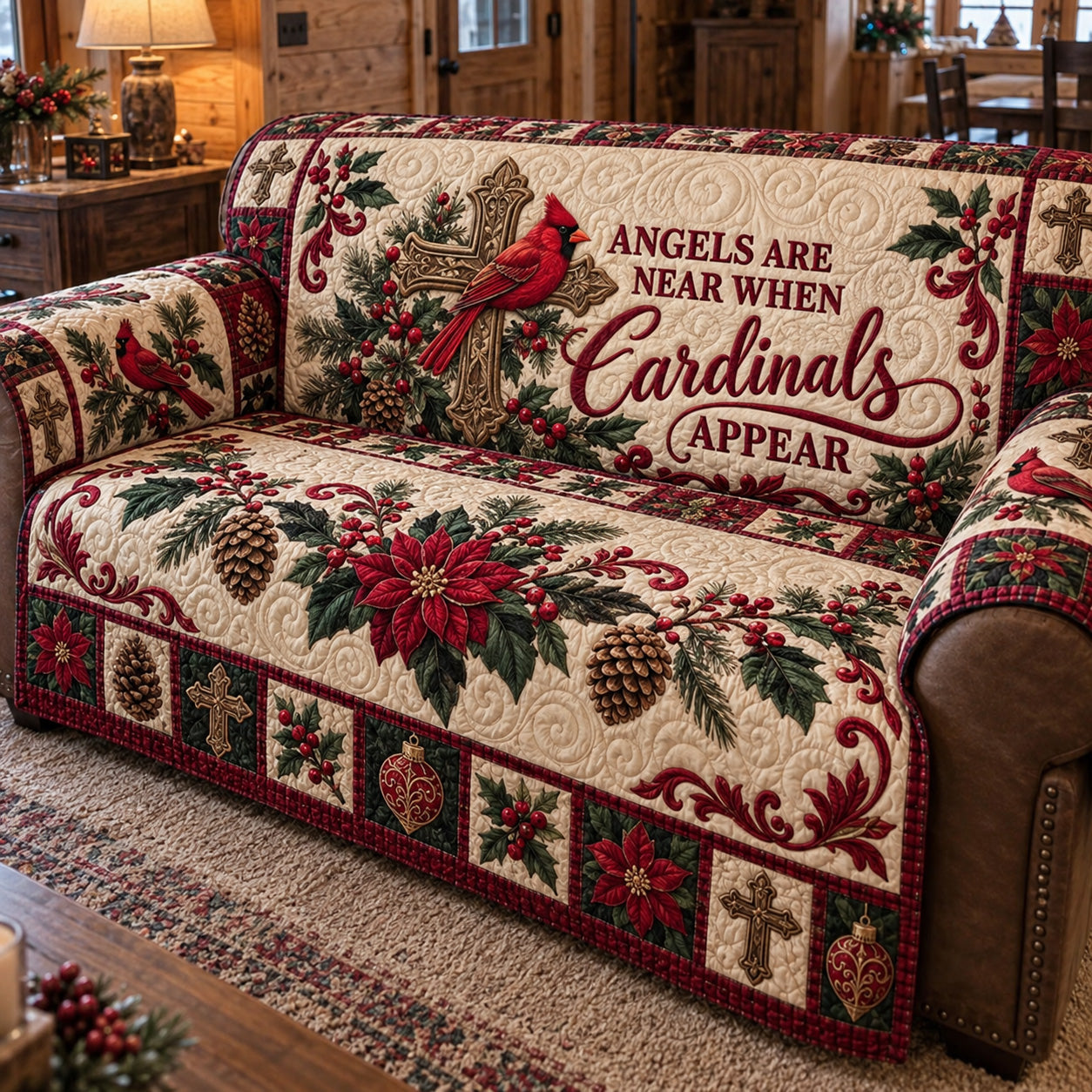 Cardinal Cross Blessings Quilted Sofa Cover Cozy Living Xmas Decor Gift For Christmas