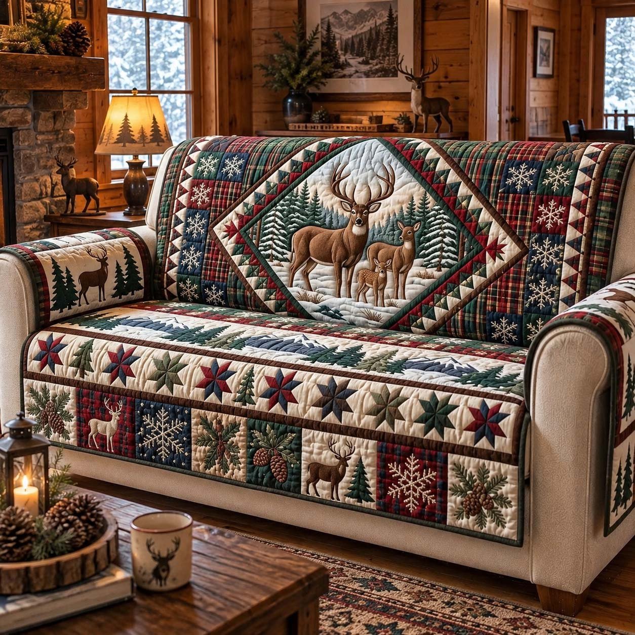 Winter Stag Family Quilted Sofa Cover Holiday Furniture Protector Xmas Gift For Family