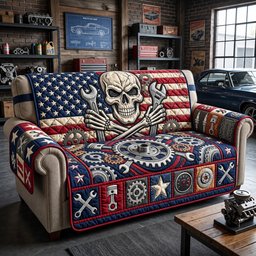 US Mechanic Skull Quilted Sofa Cover Xmas Furniture Protector Gift For Grandparents