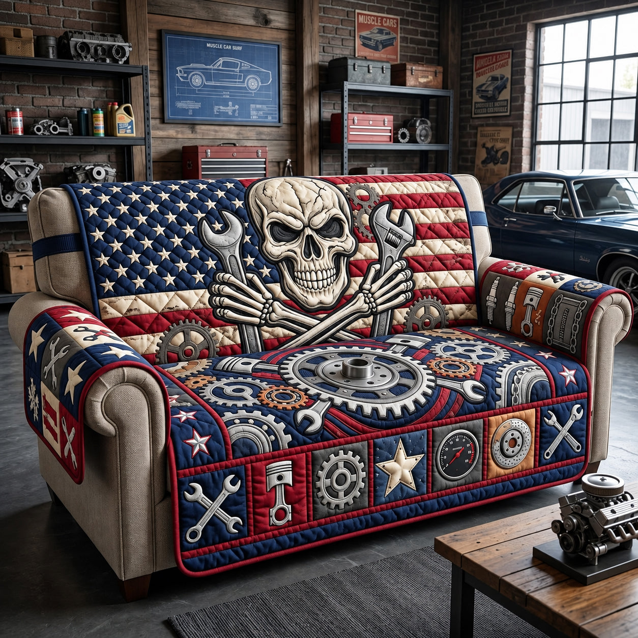 US Mechanic Skull Quilted Sofa Cover Xmas Furniture Protector Gift For Grandparents