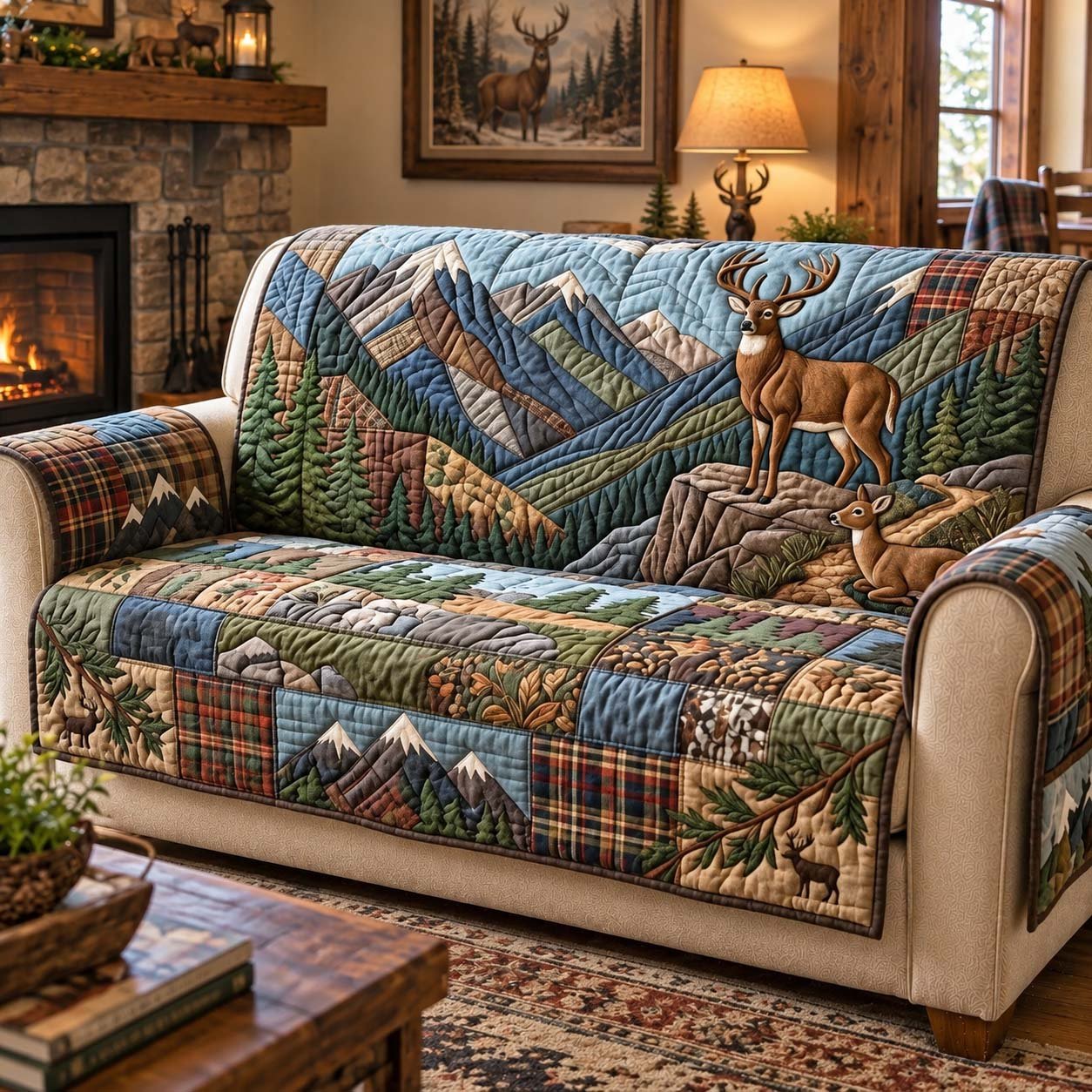 Mountain Stag Retreat Quilted Sofa Cover Holiday Couch Protector Christmas Gifts
