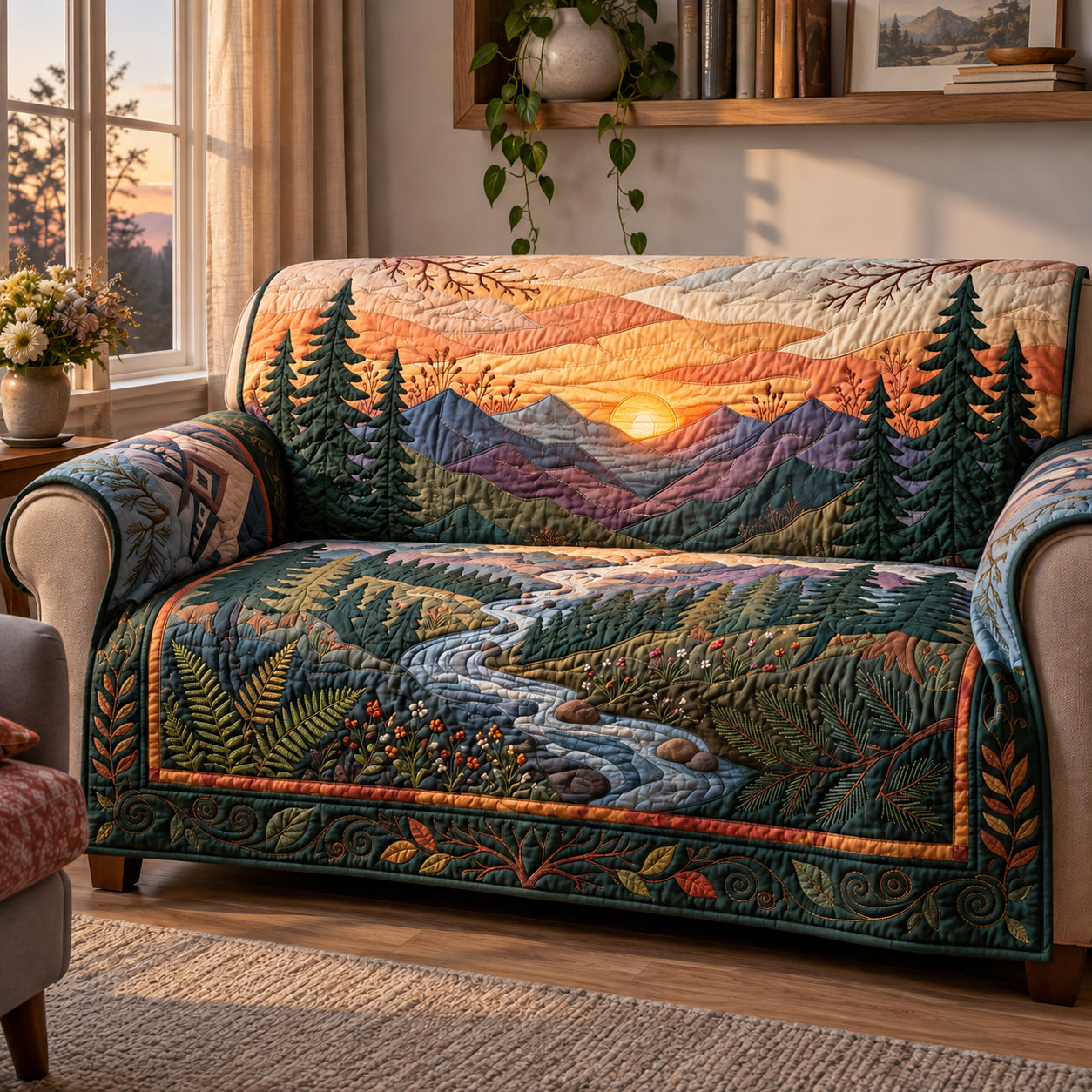 Woodland Sunset Mountains Quilted Sofa Cover Christmas Sofa Decoration Xmas Gifts