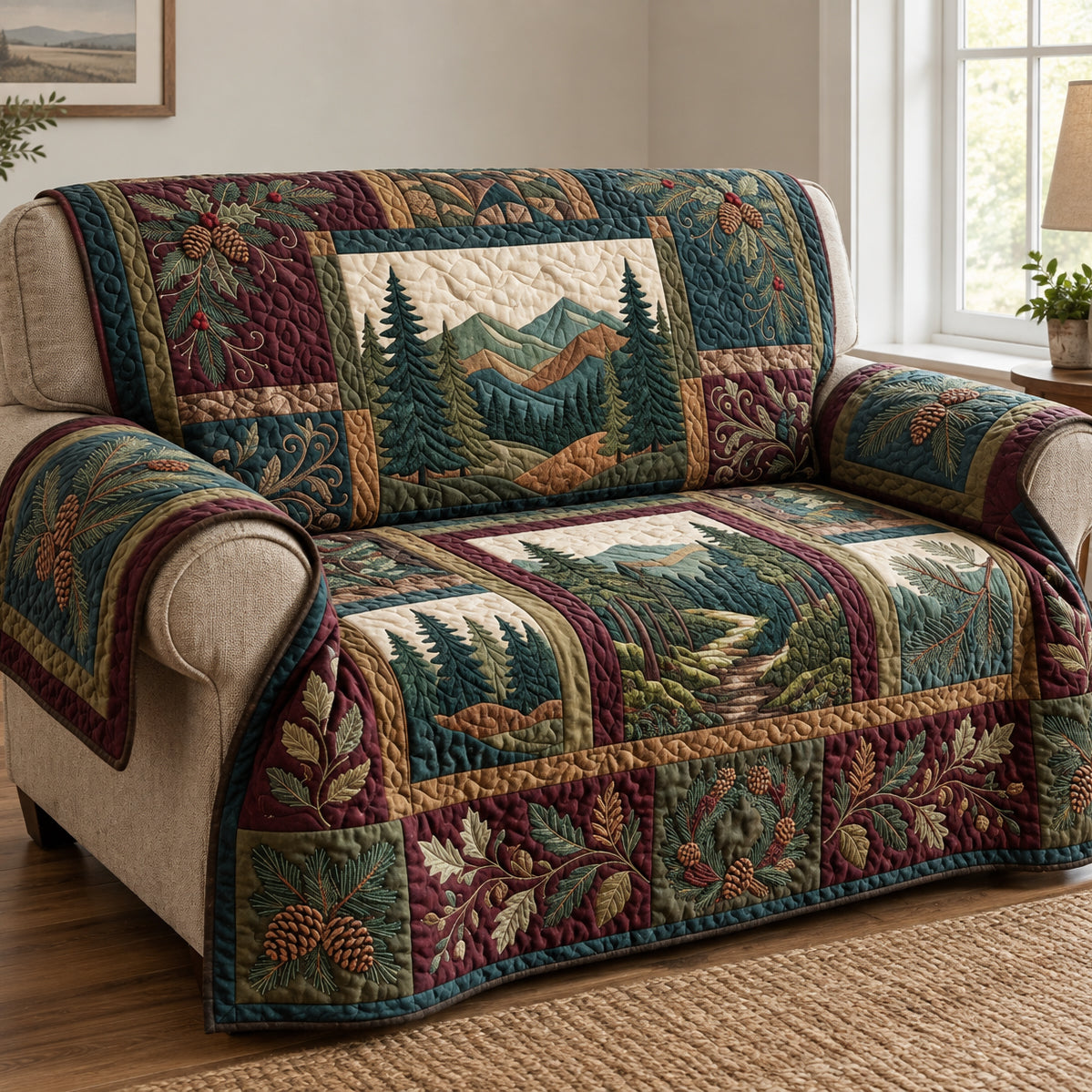 Burgundy Evergreen Lodge Quilted Sofa Cover Cozy Living Holiday Decor Christmas Gifts