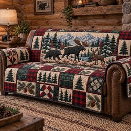 Rustic Forest Patchwork Quilted Sofa Cover Xmas Living Room Decor Gift For Parents