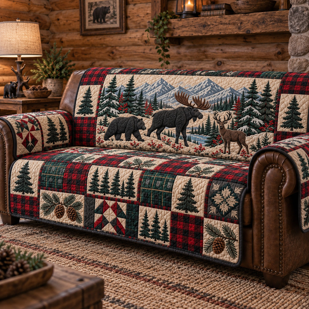 Rustic Forest Patchwork Quilted Sofa Cover Xmas Living Room Decor Gift For Parents