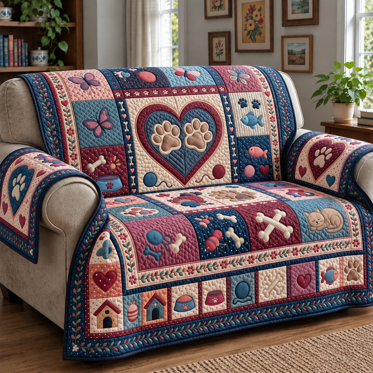 Heart Paw Quilted Sofa Cover Holiday Home Decor Xmas Gift For Pet Owners