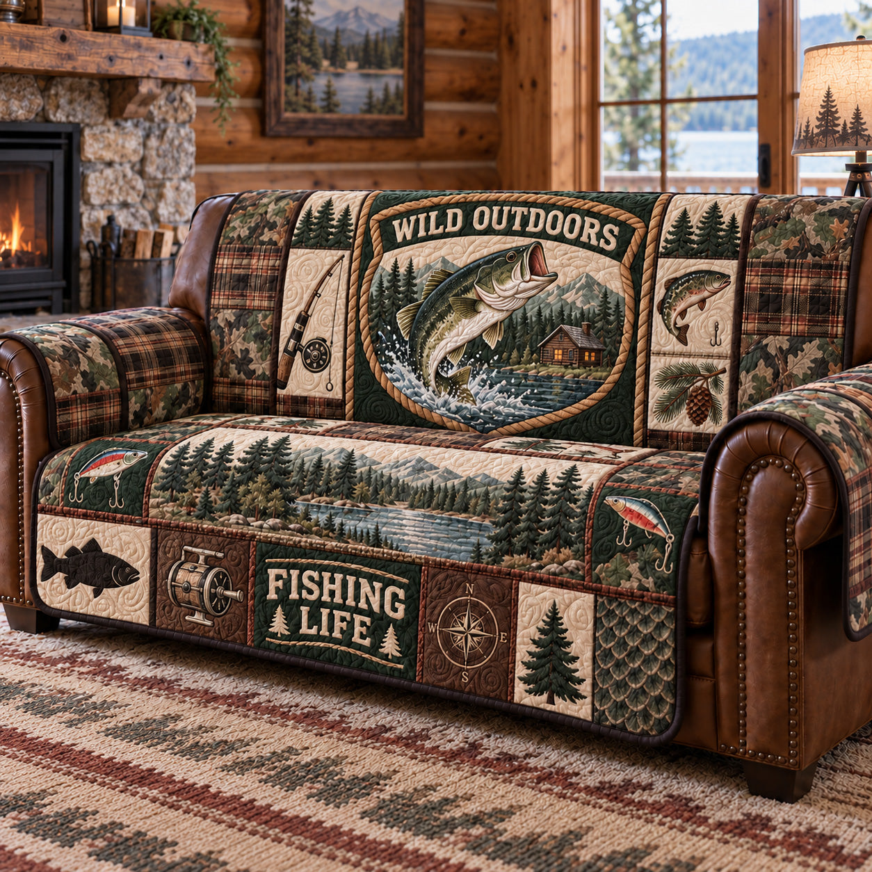 Wild Outdoors Fishing Patchwork Quilted Sofa Cover Quilted Couch Cover Holiday Gift